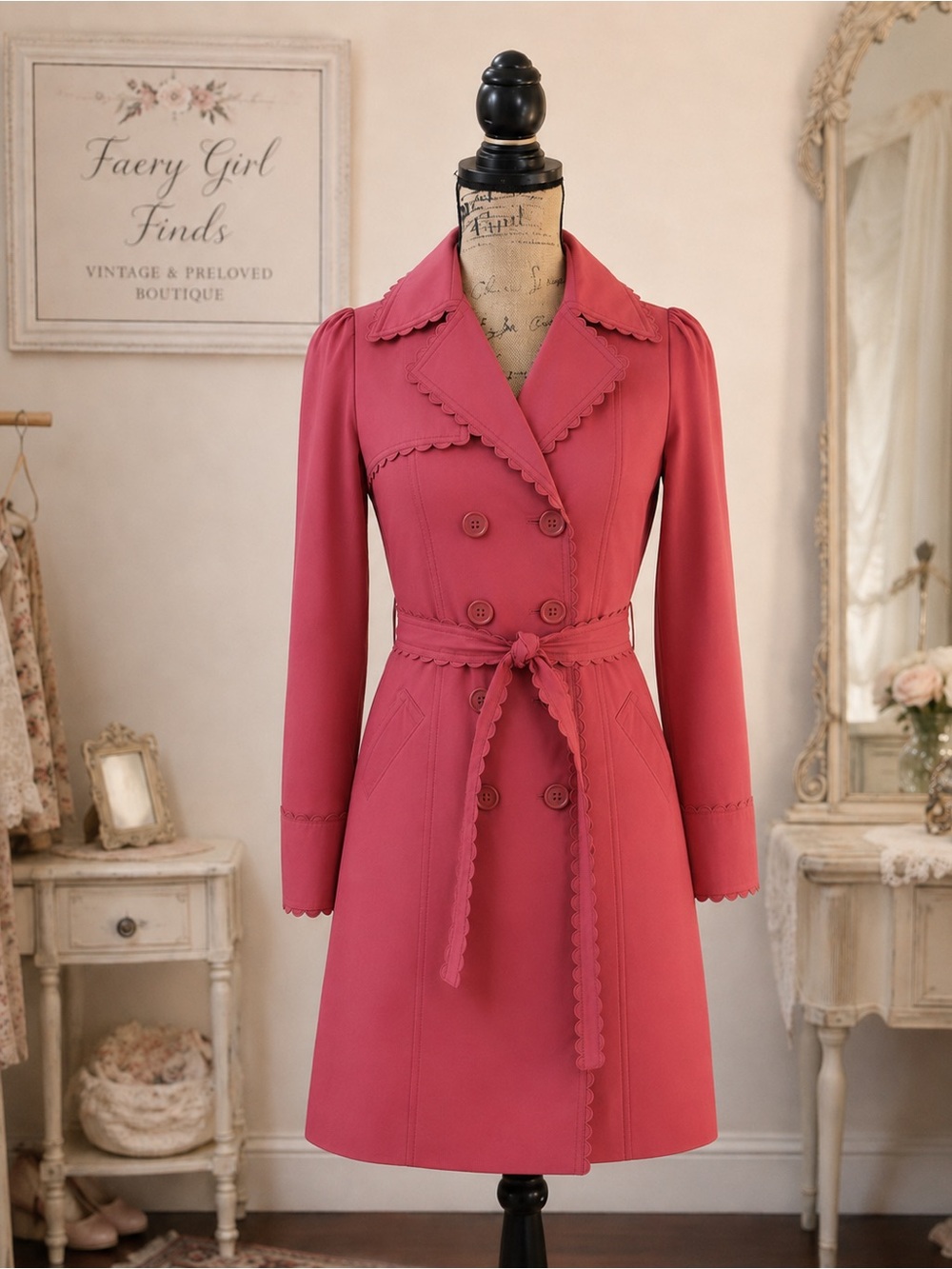 Vintage-Inspired Coral Double-Breasted Trench Coat